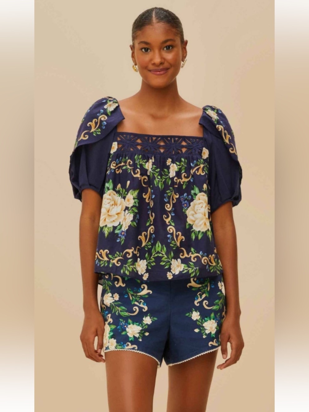 Farm Rio FLOWER TAPESTRY BLUE FLOWERED YOKE BLOUSE Size XSmall